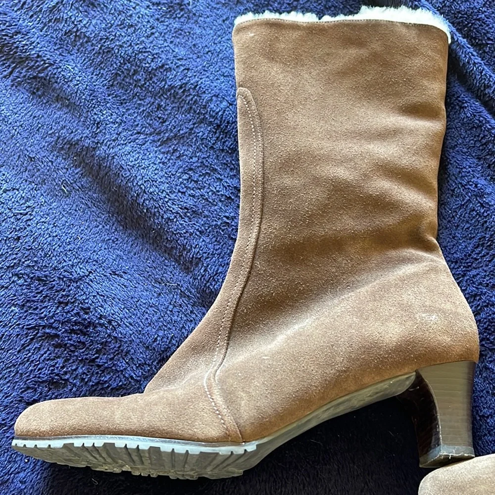 COLE HAAN BROWN MID-CALF HEELED BOOTS SHERPA LINED WITH ZIPPERS SIZE 9.5